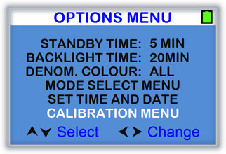 Note and coin scales - Calibration menu